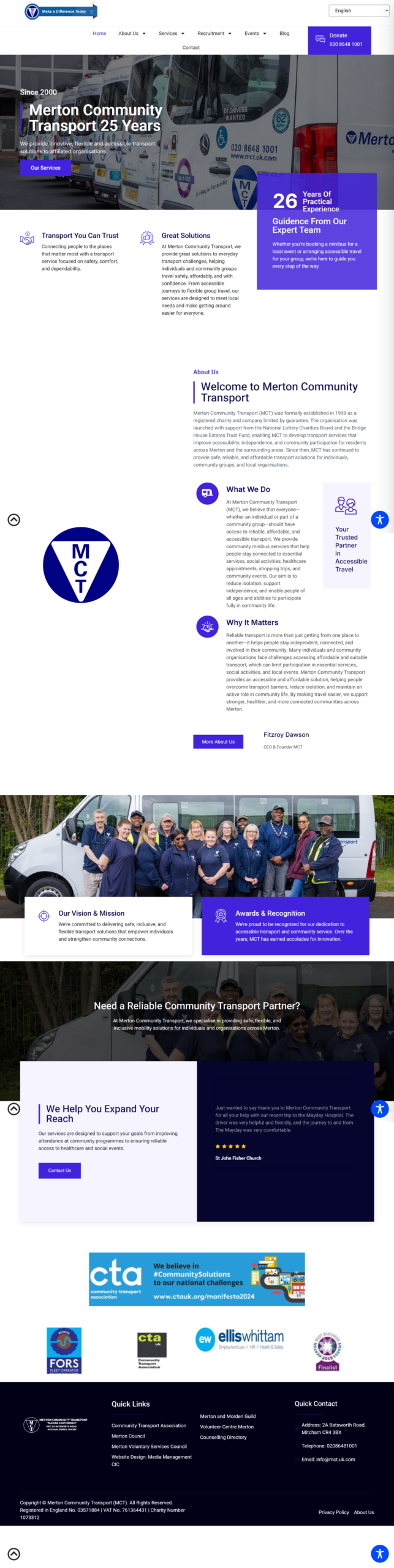 Homepage of a community transport charity website